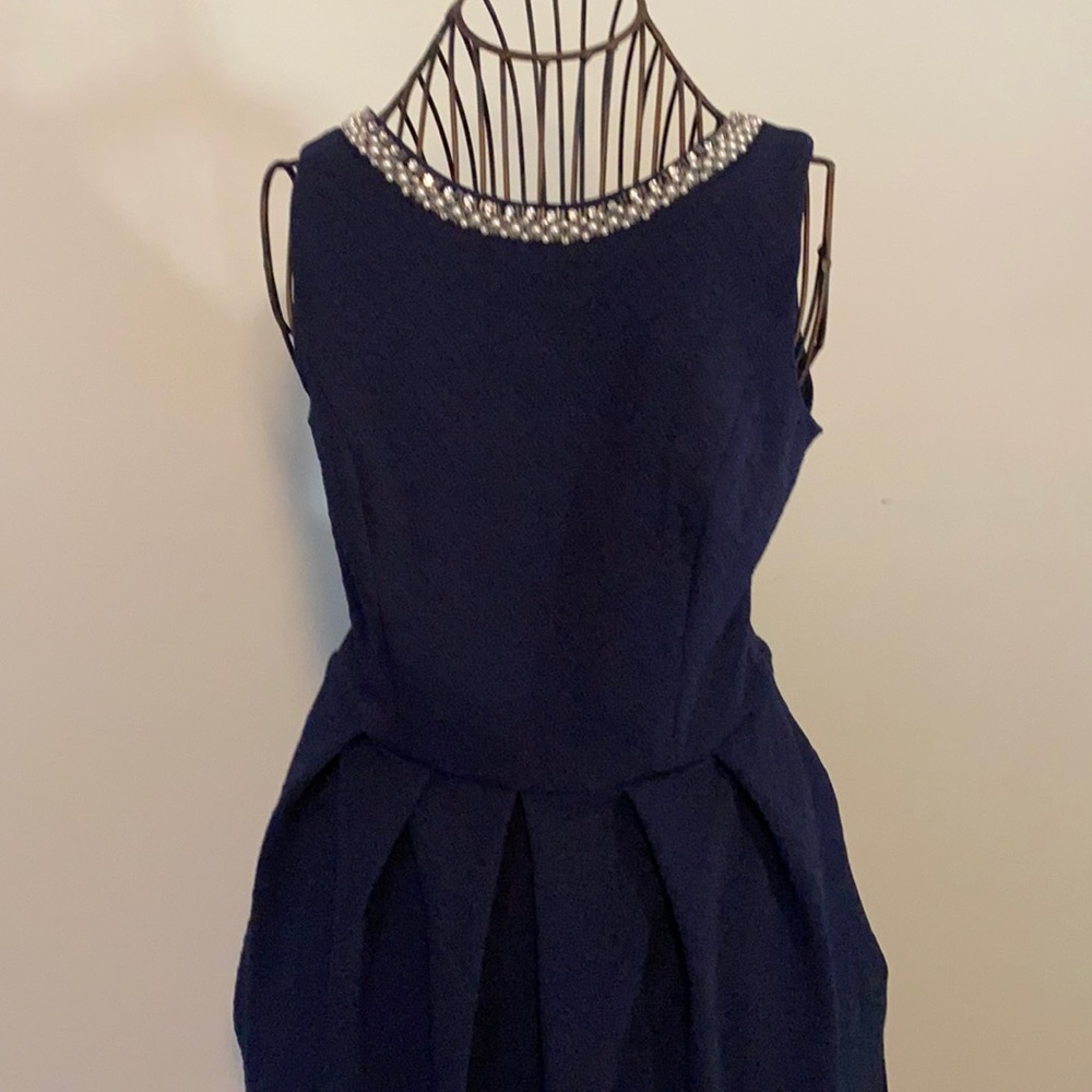 Navy Blue Pearl Embellished Collar Sleeveless Dress